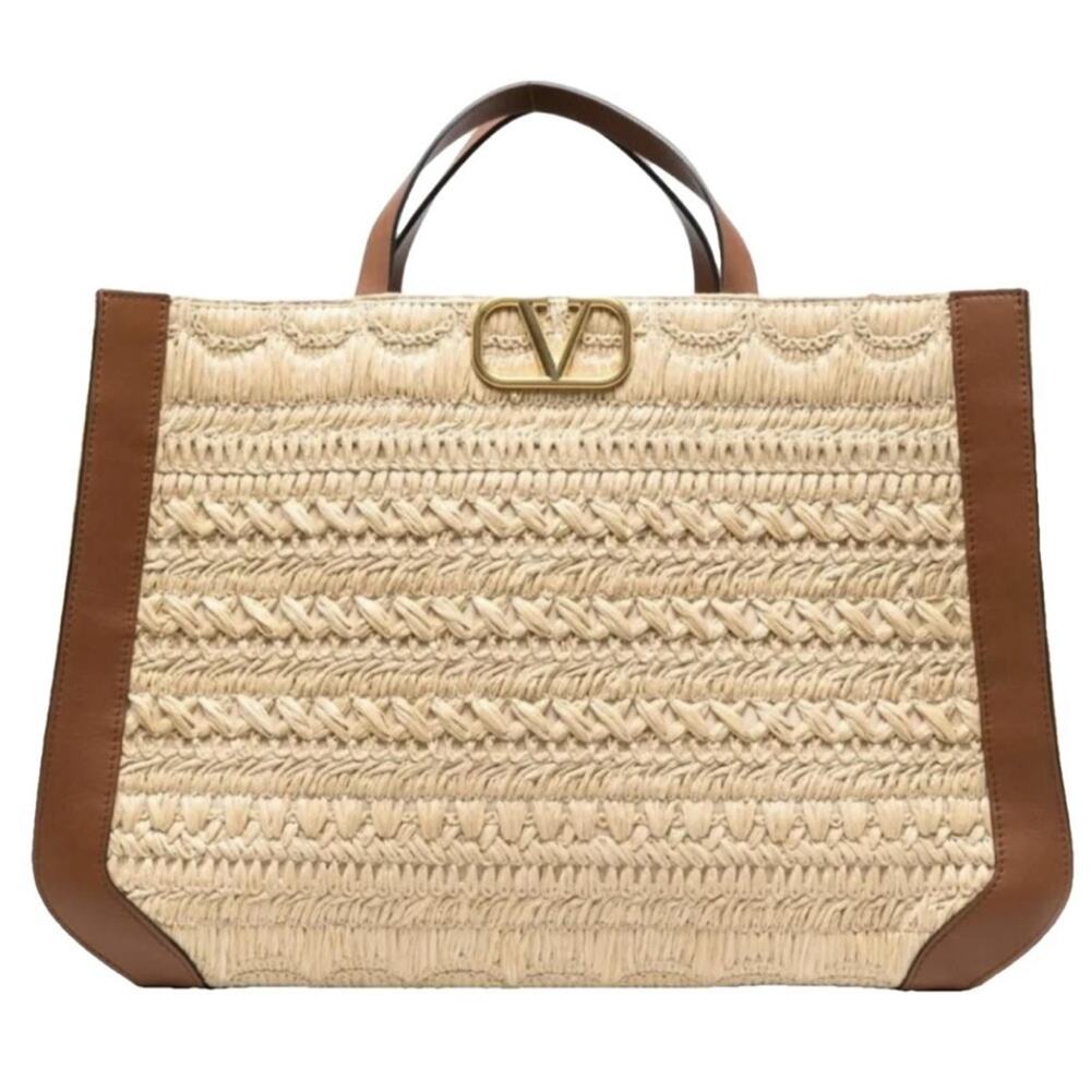 VALENTINO GARAVANI VLOGO embroidered raffia and leather tote bag